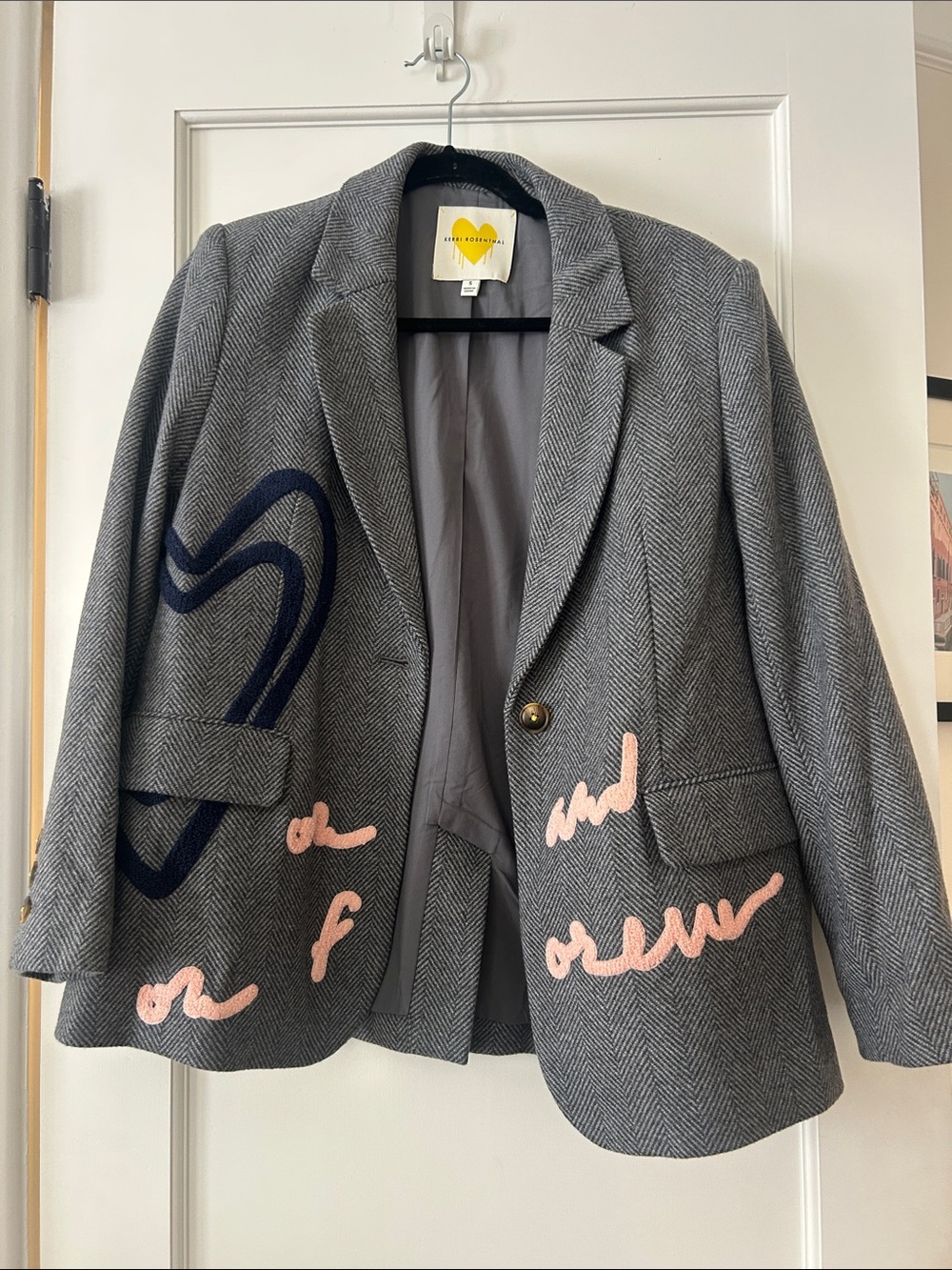 Kerri Rosenthal Grey Herringbone Blazer with Pink Script and Navy Heart